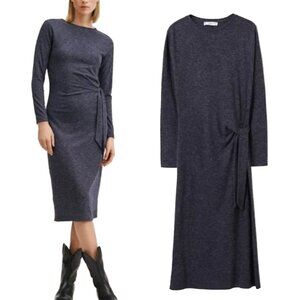 MANGO Fine Knit Long Sleeve Midi Dress Tied Bow Detail on Waist Women’s Medium